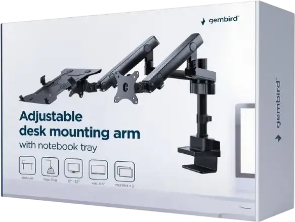 Gembird MA-DA3-02 Full-Motion Adjustable Desk Mount Monitor Arm with Notebook Tray, VESA 75x75/100x100, for 17-32 inch Screens, Max Load 9kg, Black