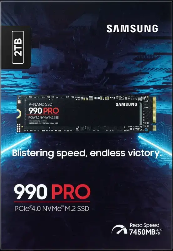 Внутренний SSD Samsung 990 PRO NVMe PCIe 4.0 x4 M.2 2280 2TB MZ-V9P2T0BW, скорость чтения до 7450МБ/с записи до 6900МБ/с, V-NAND, шифрование AES 256-Bit