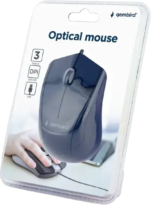 Gembird MUS-3B-02 Wired Optical Mouse, 1000 DPI, 3 Buttons with Scroll Wheel, Ambidextrous, USB Plug & Play, Black, ABS Plastic