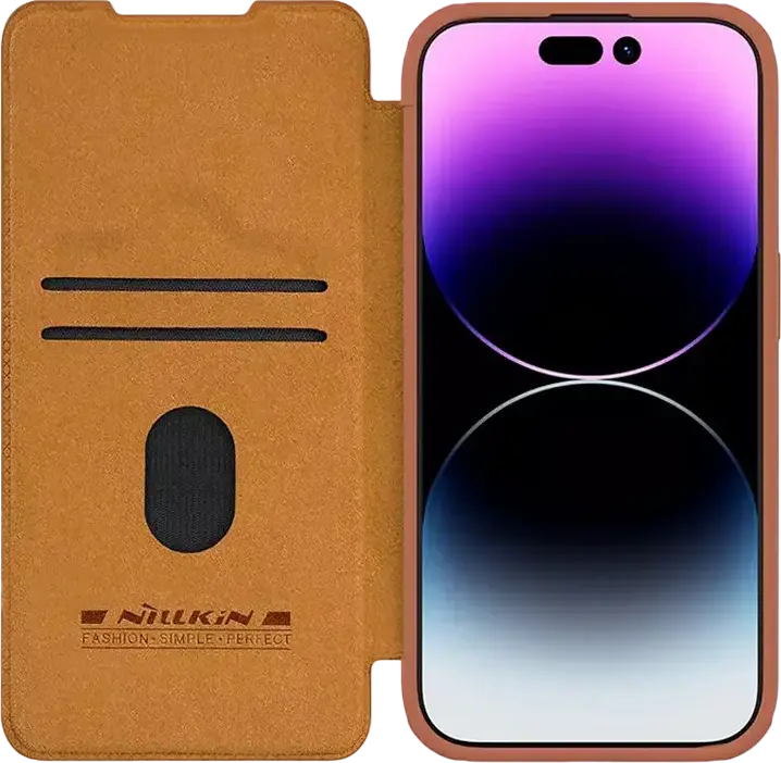 Nillkin Qin Pro Wallet Flip Case for Apple iPhone 15 Pro, Brown Textured Leather Full-Body Protection with Sliding Camera Lens Cover and Card Slot