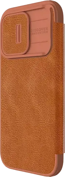 Nillkin Qin Pro Wallet Flip Case for Apple iPhone 15 Pro, Brown Textured Leather Full-Body Protection with Sliding Camera Lens Cover and Card Slot