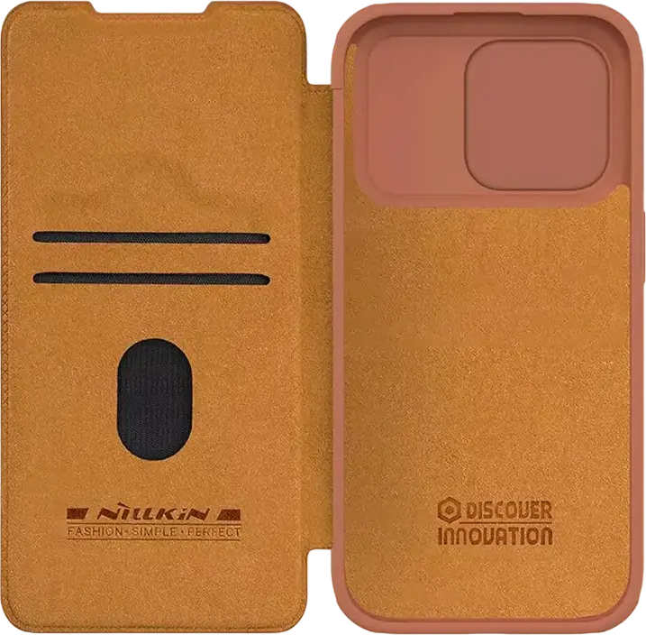 Nillkin Qin Pro Wallet Flip Case for Apple iPhone 15 Pro, Brown Textured Leather Full-Body Protection with Sliding Camera Lens Cover and Card Slot