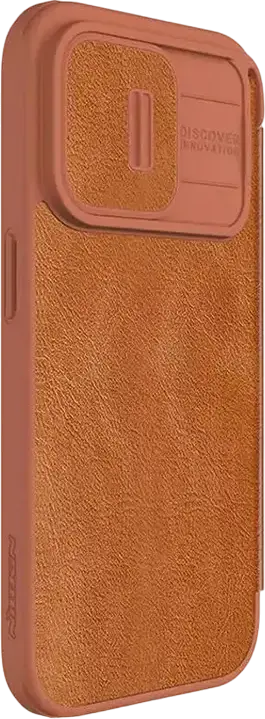 Nillkin Qin Pro Wallet Flip Case for Apple iPhone 15 Pro, Brown Textured Leather Full-Body Protection with Sliding Camera Lens Cover and Card Slot