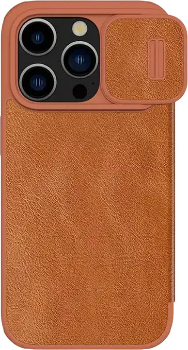 Nillkin Qin Pro Wallet Flip Case for Apple iPhone 15 Pro, Brown Textured Leather Full-Body Protection with Sliding Camera Lens Cover and Card Slot