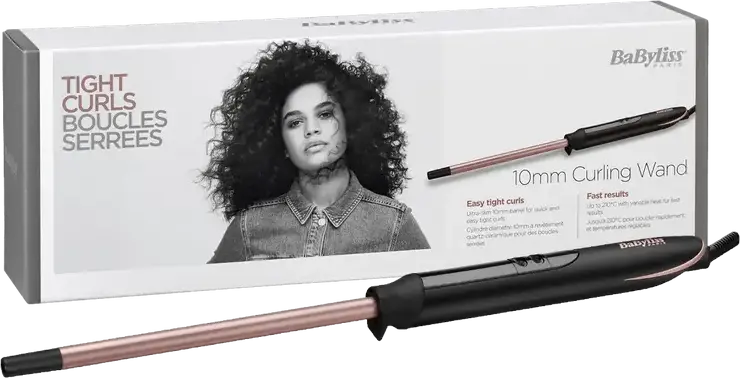 BaByliss C449E Quartz Tight Curls Curling Wand, 10mm Extra-Long Quartz-Ceramic Barrel, 160-210°C Digital Temperature Control, LED Display