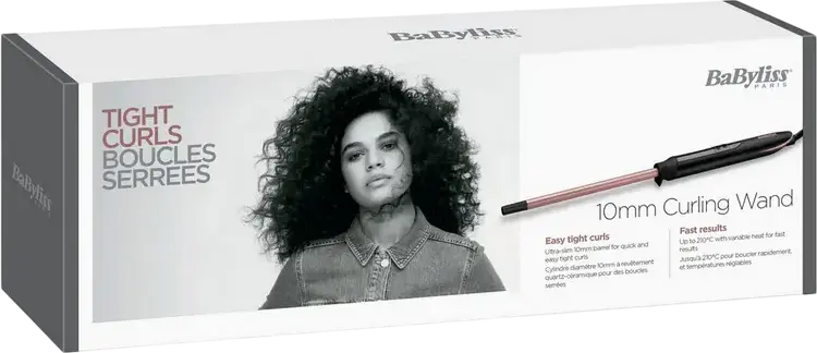 BaByliss C449E Quartz Tight Curls Curling Wand, 10mm Extra-Long Quartz-Ceramic Barrel, 160-210°C Digital Temperature Control, LED Display