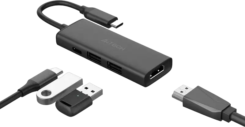 A4Tech DST-40C Hub Docking Station 4-in-1 USB-C, Aliaj Aluminiu, HDMI 4K@30Hz, USB 3.0, USB 2.0, Power Delivery 100W, Gri Cenușiu