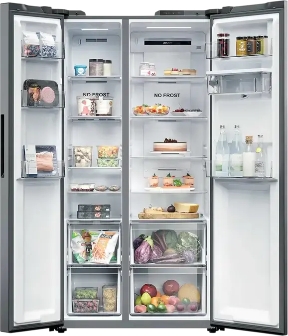 Candy CNSQ2T918EWX Side-by-Side Refrigerator, 527L Total Capacity, No Frost, Water Dispenser, hOn Smart Control, Inverter Technology, Stainless Steel