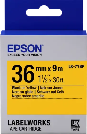 Caseta banda etichete Epson LK7YBP LabelWorks, 36mm x 9m, banda galben pastel cu text negru, pentru LW-1000P, LW-900P, LW-Z900FK, LW-Z5000BE, LW-Z5010BE