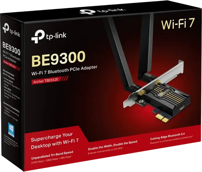 Сетевой адаптер PCIe TP-Link Archer TBE552E Wi-Fi 7 BE6452 трехдиапазонный 6ГГц 5ГГц 2.4ГГц 6452 Мбит/с MLO MU-MIMO OFDMA Bluetooth 5.4 с антеннами