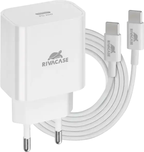 Incarcator de perete Rivacase PS4101 20W USB-C, Fast Charging PD 3.0 si QC 3.0, Priza EU, Alb, Include Cablu USB-C la USB-C 1m