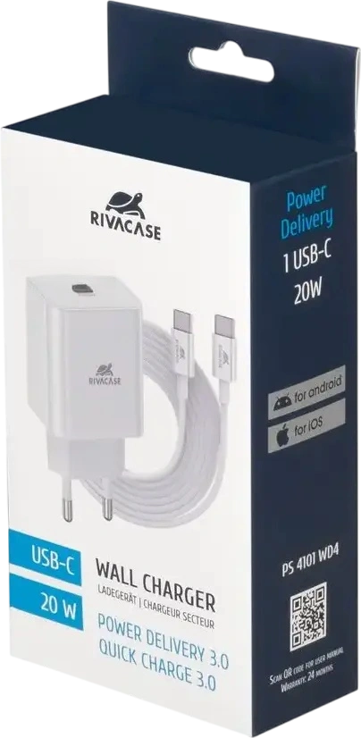Incarcator de perete Rivacase PS4101 20W USB-C, Fast Charging PD 3.0 si QC 3.0, Priza EU, Alb, Include Cablu USB-C la USB-C 1m