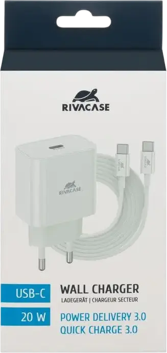 Incarcator de perete Rivacase PS4101 20W USB-C, Fast Charging PD 3.0 si QC 3.0, Priza EU, Alb, Include Cablu USB-C la USB-C 1m