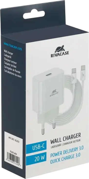 Incarcator de perete Rivacase PS4101 20W USB-C, Fast Charging PD 3.0 si QC 3.0, Priza EU, Alb, Include Cablu USB-C la USB-C 1m