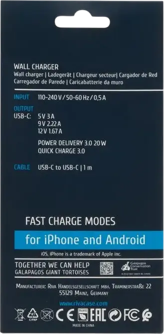 Incarcator de perete Rivacase PS4101 20W USB-C, Fast Charging PD 3.0 si QC 3.0, Priza EU, Alb, Include Cablu USB-C la USB-C 1m