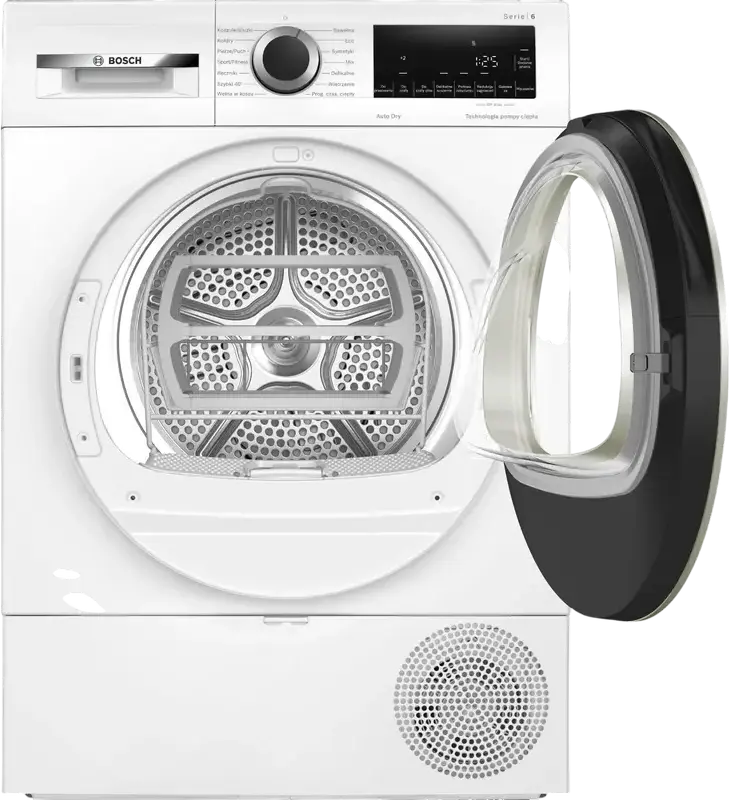 Uscator Bosch Series 6 WQG1417EPL cu Pompa de Calda, Capacitate 9 kg, Clasa Energetica D, Auto Dry, Display LED, Alb cu Babuta Neagra