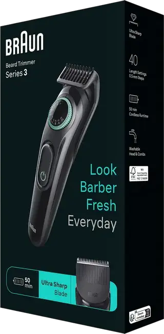 Braun BT3411 Beard Trimmer for Beard and Mustache, 40 Length Settings 0.5-20mm, Stainless Steel Blades, USB Rechargeable, Washable, Black and Green