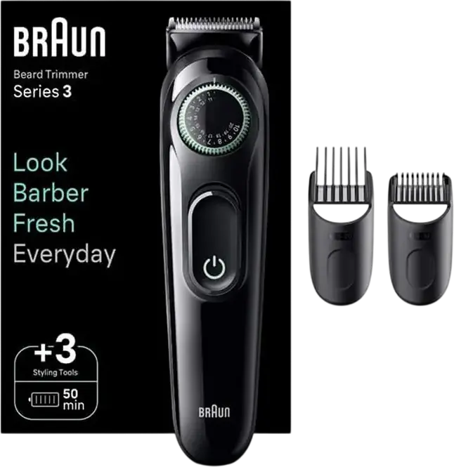Braun BT3411 Beard Trimmer for Beard and Mustache, 40 Length Settings 0.5-20mm, Stainless Steel Blades, USB Rechargeable, Washable, Black and Green