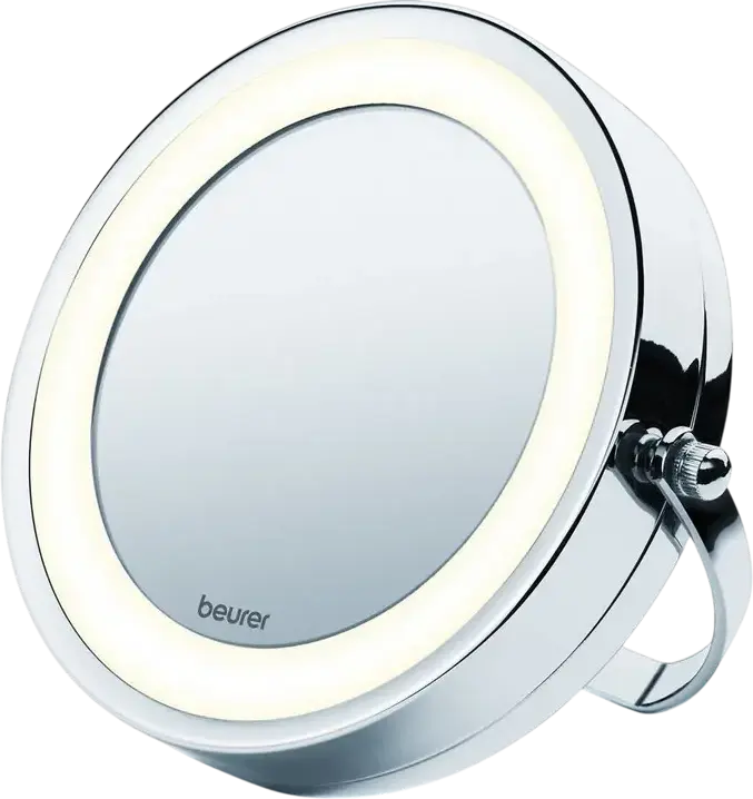 Beurer BS59 Illuminated Cosmetics Mirror, 2-in-1 Normal and 5x Magnification, LED Ring Light, Stainless Steel, Wall-Mounted and Portable, Grey