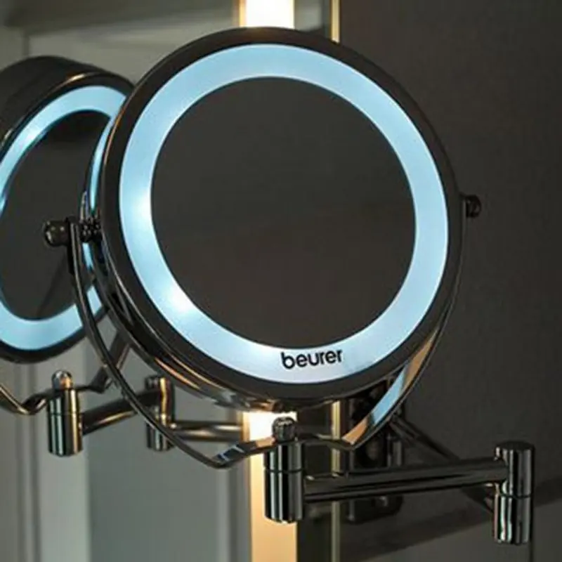 Beurer BS59 Illuminated Cosmetics Mirror, 2-in-1 Normal and 5x Magnification, LED Ring Light, Stainless Steel, Wall-Mounted and Portable, Grey