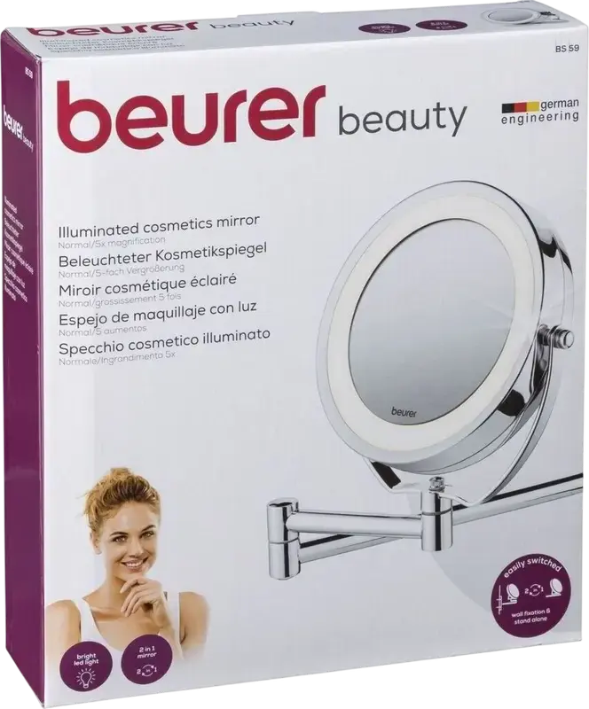 Beurer BS59 Illuminated Cosmetics Mirror, 2-in-1 Normal and 5x Magnification, LED Ring Light, Stainless Steel, Wall-Mounted and Portable, Grey