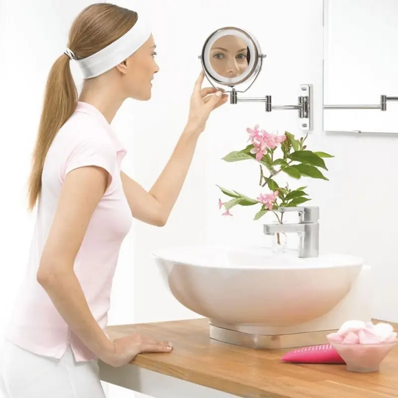 Beurer BS59 Illuminated Cosmetics Mirror, 2-in-1 Normal and 5x Magnification, LED Ring Light, Stainless Steel, Wall-Mounted and Portable, Grey