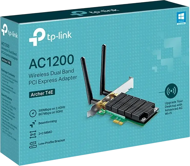 Беспроводной адаптер TP-Link Archer T4E AC1200 Dual Band PCI Express, скорость 1200 Мбит/с (867+300), 2x2 MIMO, Beamforming, съемные антенны