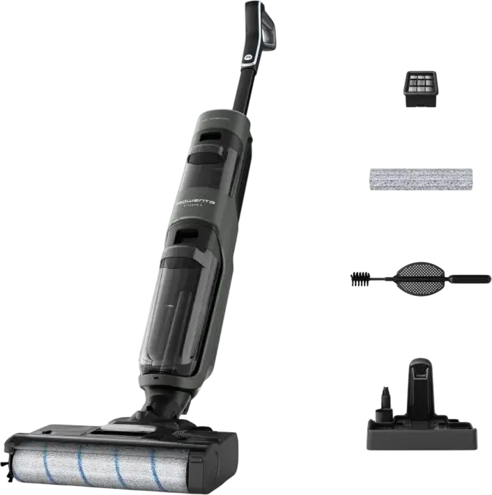 Aspirator Vertical Fara Fir Rowenta X-Clean 4 GZ5035WO Wet & Dry, Putere 200W, Baterie Li-Ion 22V, Autonomie 50 min, Auto-curatare, Display LED, Negru/Argintiu