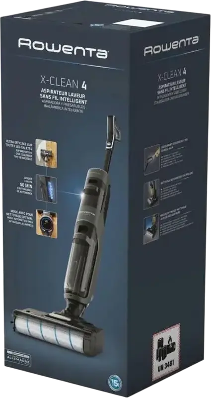 Aspirator Vertical Fara Fir Rowenta X-Clean 4 GZ5035WO Wet & Dry, Putere 200W, Baterie Li-Ion 22V, Autonomie 50 min, Auto-curatare, Display LED, Negru/Argintiu