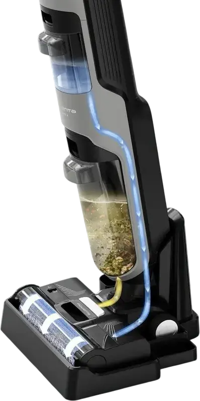 Aspirator Vertical Fara Fir Rowenta X-Clean 4 GZ5035WO Wet & Dry, Putere 200W, Baterie Li-Ion 22V, Autonomie 50 min, Auto-curatare, Display LED, Negru/Argintiu