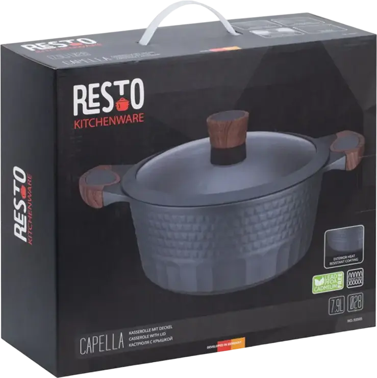 RESTO 93505 Capella Aluminum Casserole Pot with Glass Lid, 28 cm, 6.6L, 4-Layer Pfluon Non-Stick Coating, Induction Compatible, Black