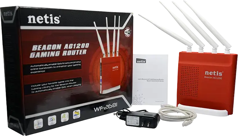 Router Gaming Netis WF2681 Beacon AC1200 Dual-Band, Viteza 1200Mbps, Porturi Gigabit Ethernet, 4 Antene Externe, QoS Automat pentru Gaming, Rosu