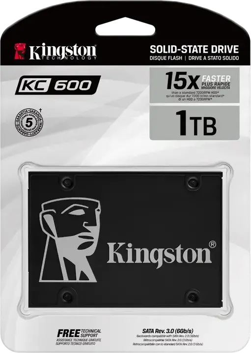 Kingston KC600 1TB 2.5" SATA III SSD, 3D TLC NAND, Up to 550MB/s Read, 500MB/s Write, Hardware Encryption, SKC600/1TB