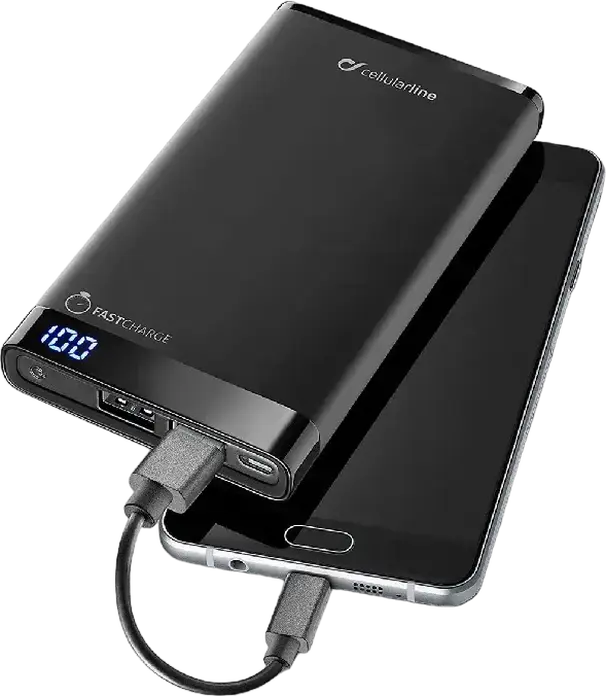 Power Bank Cellularline FreePower Slim 8000mAh, Baterie Li-Polymer, Output Max 2A, Display LCD, Porturi USB-A si USB-C, Plastic Soft-Touch, Negru