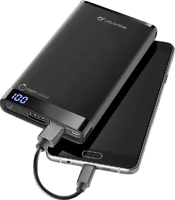 Power Bank Cellularline FreePower Slim 8000mAh, Baterie Li-Polymer, Output Max 2A, Display LCD, Porturi USB-A si USB-C, Plastic Soft-Touch, Negru