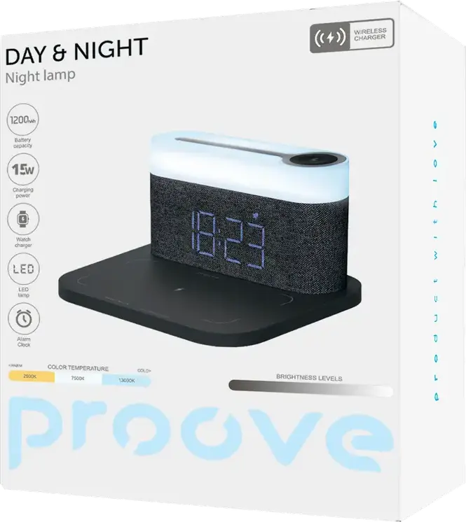 Proove Day & Night PLDN05002005 LED Bedside Lamp with Wireless Charger, Digital LCD Clock, Touch Control, 1200mAh Battery, USB Type-C, Dark Gray