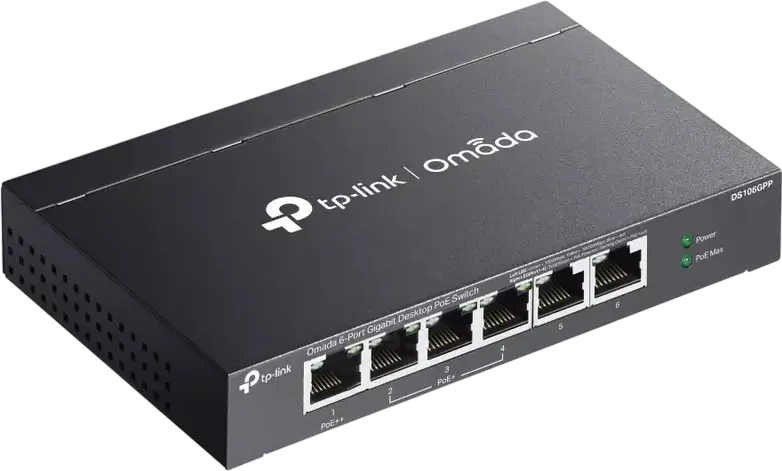 TP-Link DS106GPP Omada Unmanaged Gigabit Desktop PoE Switch, 6-Port 10/100/1000Mbps, 1x PoE++ 60W, 3x PoE+ 30W, 64W Total Budget, 250m Range