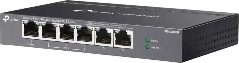 TP-Link DS106GPP Omada Unmanaged Gigabit Desktop PoE Switch, 6-Port 10/100/1000Mbps, 1x PoE++ 60W, 3x PoE+ 30W, 64W Total Budget, 250m Range