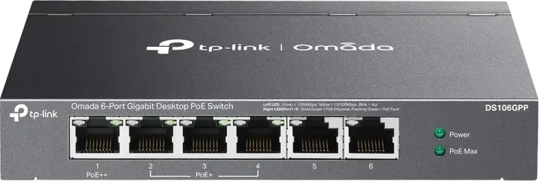 TP-Link DS106GPP Omada Unmanaged Gigabit Desktop PoE Switch, 6-Port 10/100/1000Mbps, 1x PoE++ 60W, 3x PoE+ 30W, 64W Total Budget, 250m Range
