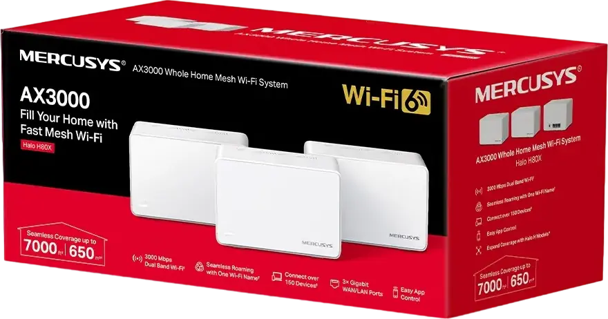 Mercusys Halo H80X AX3000 Wi-Fi 6 Mesh System 3-pack, Dual-Band 3000 Mbps, Seamless Roaming, Gigabit Ports, MU-MIMO, OFDMA, 160 MHz, Parental Controls