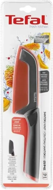 Tefal Fresh Kitchen K1220104 Santoku Knife, 12 cm Stainless Steel Blade with Titanium Non-Stick Coating, Ergonomic Soft Touch Handle, Grey