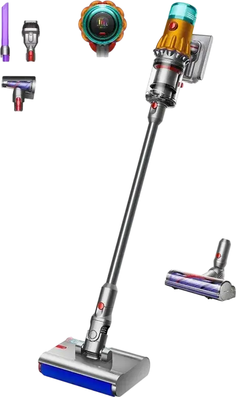 Aspirator Vertical fara Fir Dyson V12s Detect Slim Submarine, Aspirare Umeda si Uscata, Putere 140 AW, Filtrare HEPA, Ecran LCD, Argintiu/Yellow Nickel