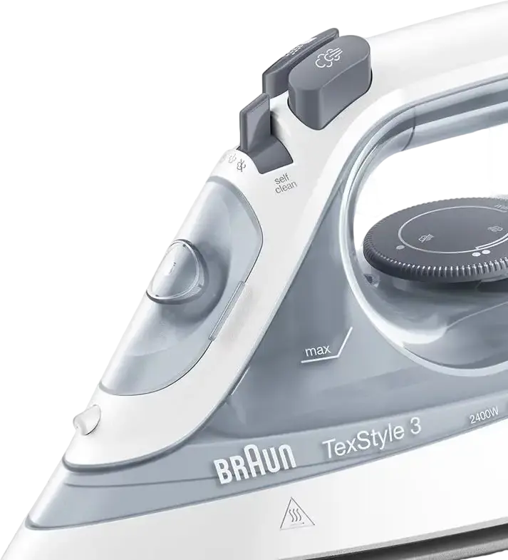 Braun TexStyle 3 SI3054GY Steam Iron, 2400W, FreeGlide 3D Ceramic Soleplate, 45g/min Continuous Steam, 180g/min Steam Boost, Anti-calc, Grey