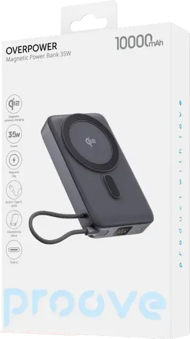Proove OverPower 10000mAh Power Bank, 35W Max Output, Qi2 15W Magnetic Wireless Charging, Integrated USB-C Cable, LCD Display, PD QC Support, Gray
