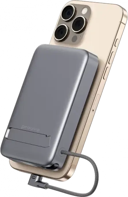 Proove OverPower 10000mAh Power Bank, 35W Max Output, Qi2 15W Magnetic Wireless Charging, Integrated USB-C Cable, LCD Display, PD QC Support, Gray