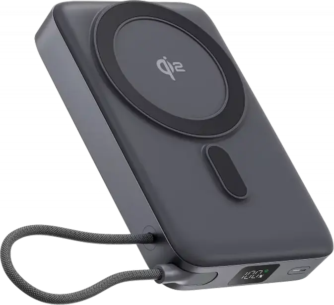 Proove OverPower 10000mAh Power Bank, 35W Max Output, Qi2 15W Magnetic Wireless Charging, Integrated USB-C Cable, LCD Display, PD QC Support, Gray