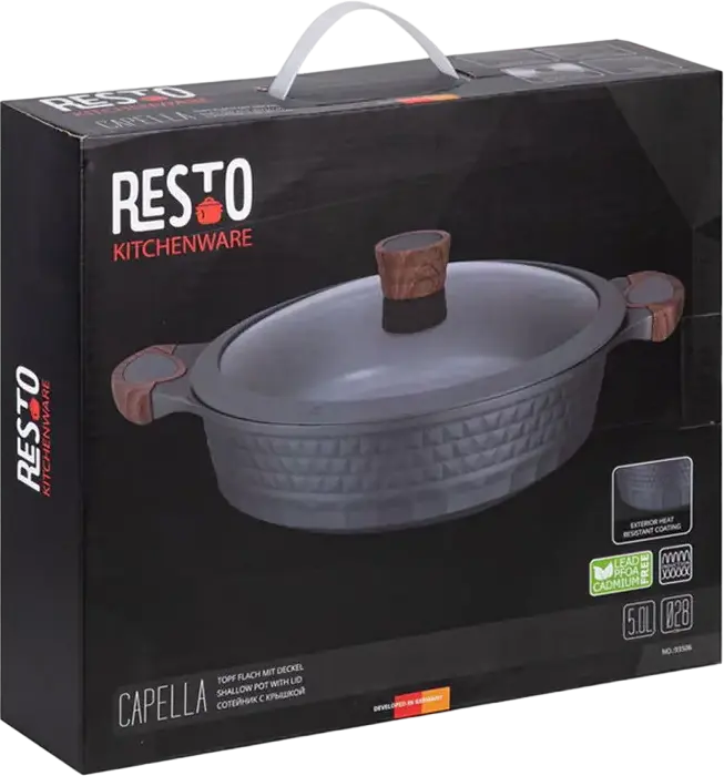 Cratiță RESTO Capella 93506 cu Capac de Sticlă, 28 cm, 5L Aluminiu Antiaderent, Înveliș Rezistent la Căldură, Mânere Soft-touch Efect Lemn, Negru
