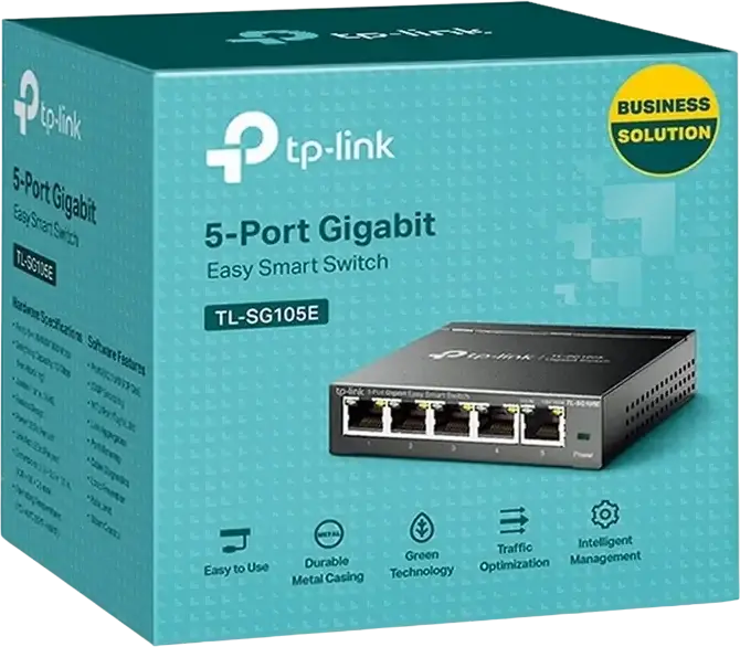 Switch TP-Link TL-SG105E Easy Smart cu 5 Porturi Gigabit, Carcasă Metalică, Prioritizare Trafic QoS, Management Web, Tehnologie Eficientă Energetic