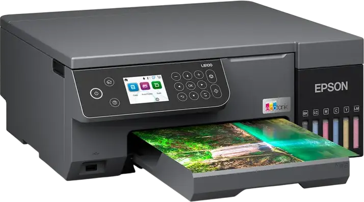 Epson EcoTank L8100 6-Color Photo Printer, All-in-One Print Scan Copy, 5760x1440 DPI, Wireless Wi-Fi Direct, CD/DVD & ID Card Printing, Black