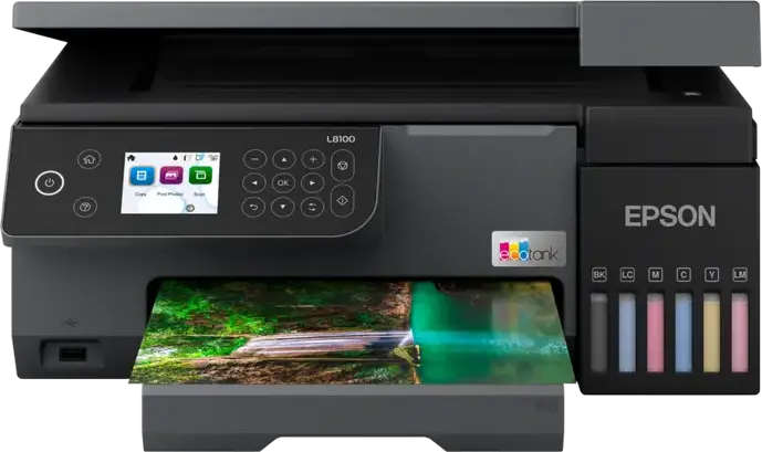 Epson EcoTank L8100 6-Color Photo Printer, All-in-One Print Scan Copy, 5760x1440 DPI, Wireless Wi-Fi Direct, CD/DVD & ID Card Printing, Black